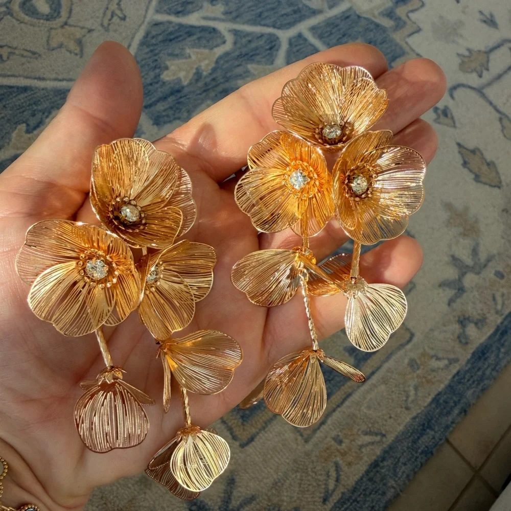 Anthropologie Gold Floral Drop Earrings - Picture 4 of 10